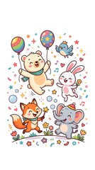 Naklejka premium Cute Cartoon Happy Animals Birthday Party Celebration Set with Bear Bunny Fox Elephant Flying Balloons Confetti Music Notes Isolated on White Background for Kids Invitation Design
