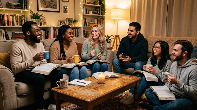 Contemporary Christian small group fellowship in a cozy living room with multi-ethnic friends.
