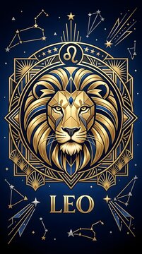 3D Majestic Golden Lion Head Leo Zodiac Sign Illustration with Geometric Celestial Frame Constellations and Text Isolated on Dark Night Background for Astrology Horoscope Emblem