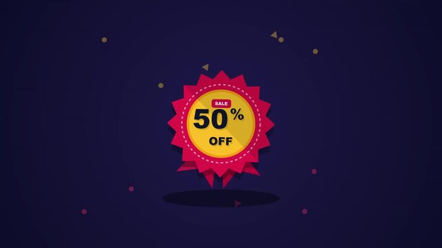 A vibrant fifty percent discount badge promotional graphic animation for retail sales and marketing campaigns on a digital platform