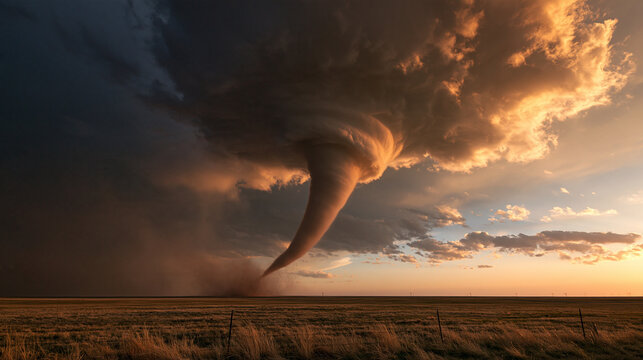The Roaring Fury of a Tornado: A colossal tornado descends from a dramatic storm cloud, its powerful funnel touching down on a barren landscape under a sky ablaze with the colors of sunset.