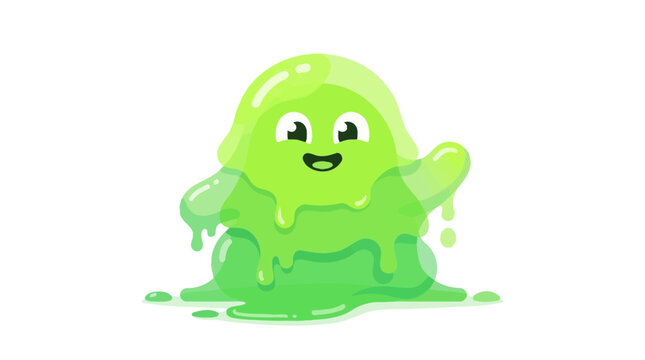 Cute Green Slime Monster Illustration, Happy Blob Character Waving