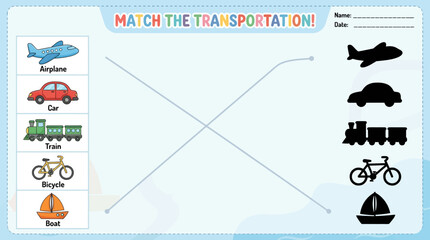 Fototapeta premium Match the Transportation Game for Kids: Airplane, Car, Train, Bicycle, Boat