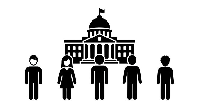 Minimalist black and white pictogram icon depicting a group of diverse people standing in front of a parliament building, symbolizing democracy, representative government, and citizen participation