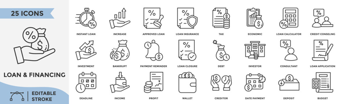 Loan and financing icon set editable stroke collection. Containing instant loan, investment, tax, insurance, debt, income, profit, credit and more. 
