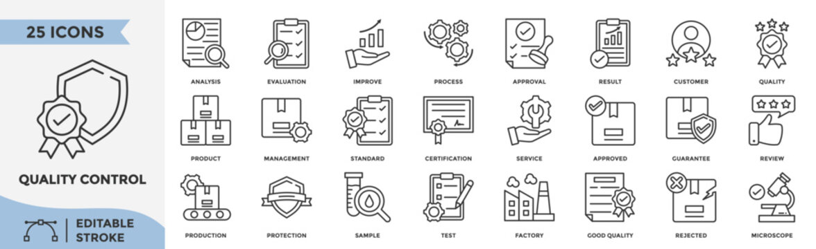 Quality control icon set editable stroke collection. Containing analysis, evaluation, approval, certification, testing, inspection and more. 