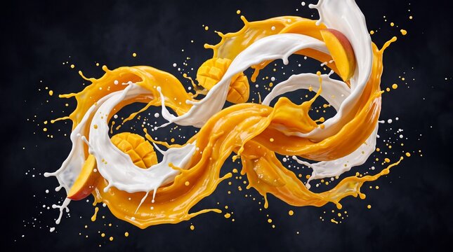 Mango juice and milk splash swirl together