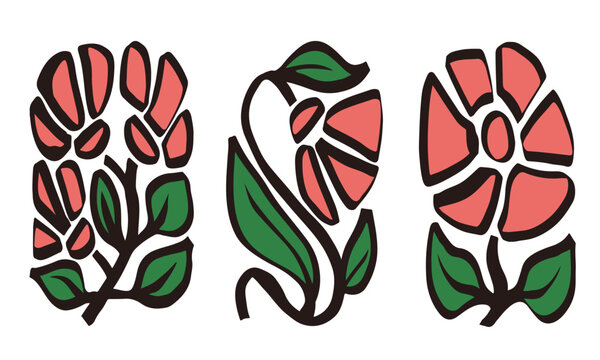 Abstract red flowers with green leaves, hand-drawn. transparent background.