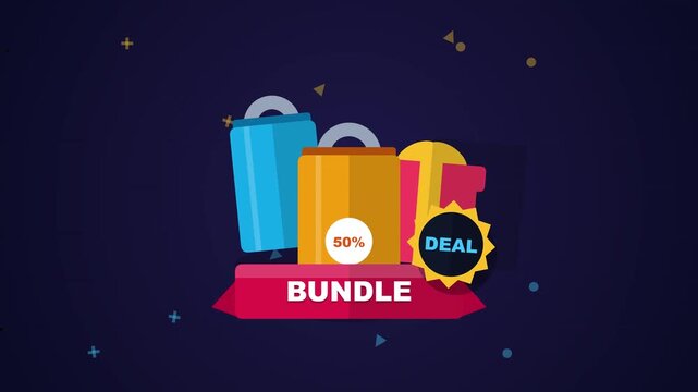 A vibrant 3D motion graphic illustration featuring colorful shopping bags and a special bundle deal offer on a dark background for retail sales promotion