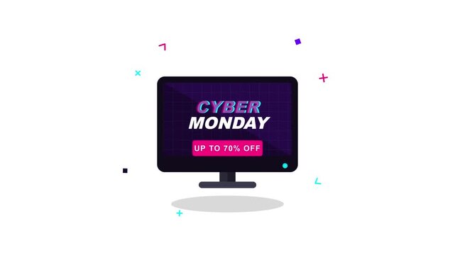 A digital graphic illustration featuring a modern computer monitor displaying a promotional Cyber Monday sale banner with a seventy percent discount