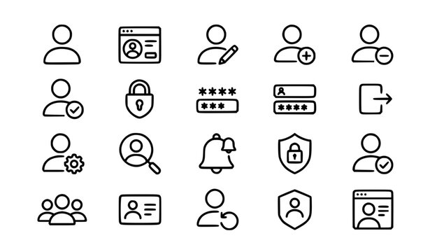 User Account Line Icons Set &ndash; Profile, Login, Security, Settings and Personal Information Editable Vector Symbols