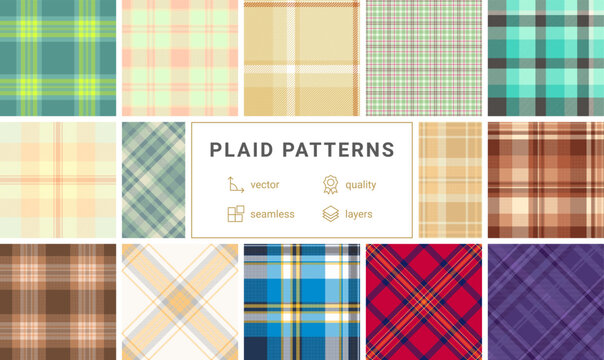 Plaid pattern set tailored for leggings and pants. Stylish tartan repeats elevate contemporary bottoms. Vector format allows scalability.