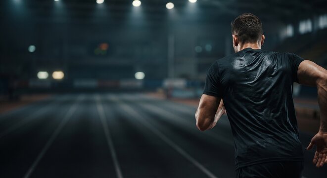 Male Athlete Running on Track Back View with Copy Space