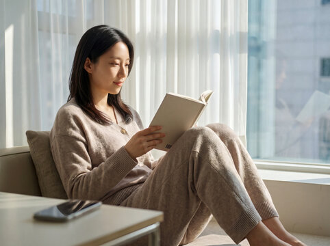 Woman sitting near window reading a book; perfect for lifestyle blogs, education, and cozy home themes.