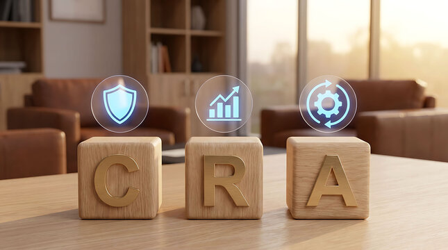 Wooden blocks spelling CRA with business icons on a modern office desk