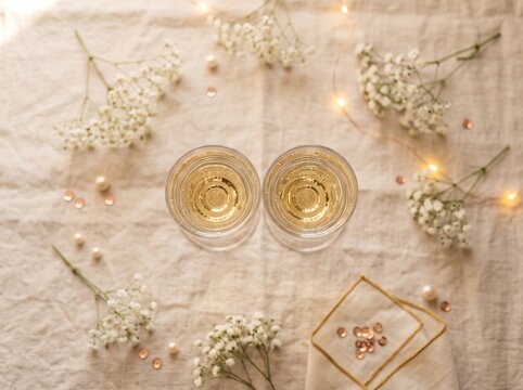 Elegant Wedding Table Setting with Two Champagne Glasses, White Flowers, Ring Box and Warm Fairy Lights