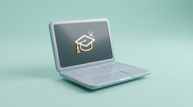 3D online learning laptop icon with graduation emblem, isolated on pastel mint background for education technology, remote study and digital courses.
