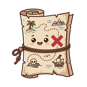 Cute treasure map cartoon sticker, cheerful hand drawn vector clipart for kids nursery design