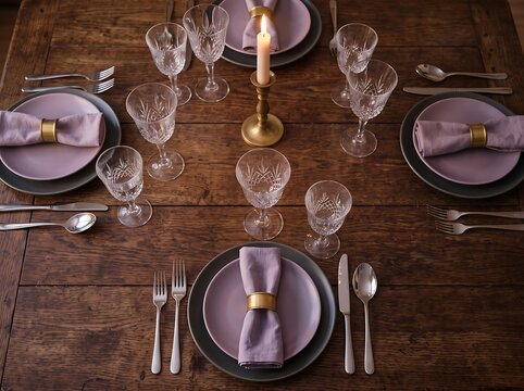 Elegant Dinner Table Setting with Purple Plates, Crystal Glassware, Cutlery and Candlelight on Rustic Wooden Table