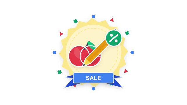 An engaging digital sale promotional badge featuring a pencil marking a red fruit design for special shopping discounts and commerce events