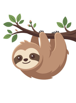 Cute sloth on branch cartoon sticker, cheerful hand drawn vector clipart for kids nursery design