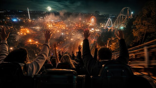 Wide-angle perspective from the rear of a roller coaster train as