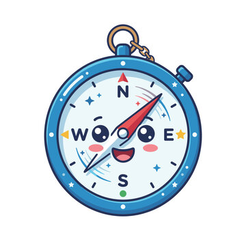 Cute compass cartoon sticker, cheerful hand drawn vector clipart for kids nursery design playful character