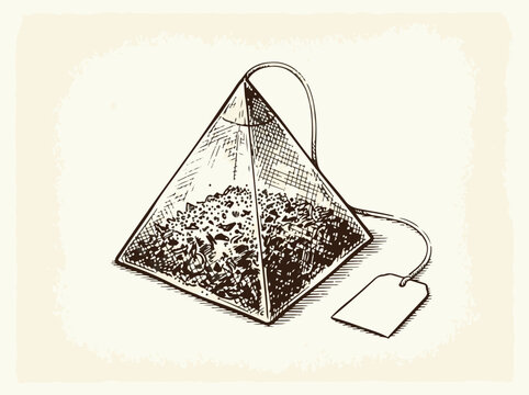Pyramid tea bag vintage hand drawn sketch illustration for organic cafe menu and herbal tea packaging design on textured background