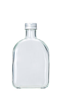 Clear glass flask bottle with silver cap, empty coffee bottle on white