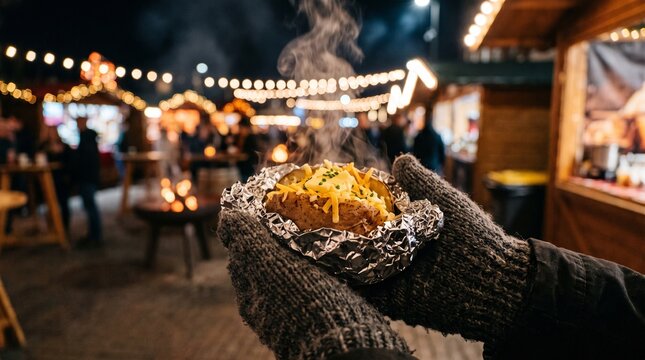 Steaming hot baked jacket potato wrapped in foil held in wool mittens at a night winter festival for Bonfire Night and Guy Fawkes Night in the UK