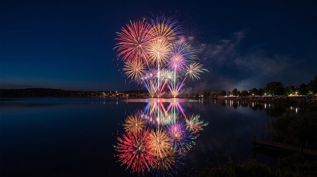 Colorful fireworks display exploding in the night sky with stunning water reflection for Bonfire Night and Guy Fawkes Night celebration in the UK