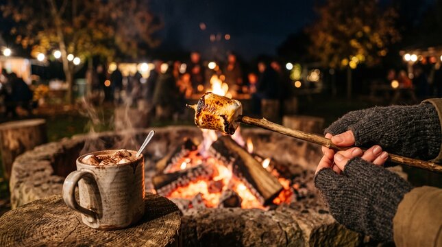 Roasting a marshmallow on a stick with a steaming hot drink by the campfire for Bonfire Night and Guy Fawkes Night celebration in the UK