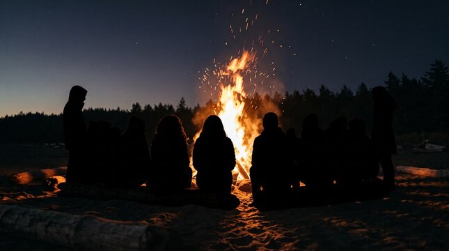 Silhouettes of a group of people sitting around a bright bonfire at night for Bonfire Night and Guy Fawkes Night celebration in the UK