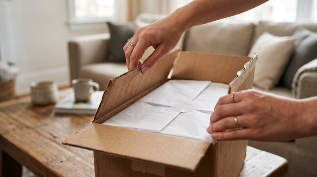Hands opening a cardboard box filled with white envelopes on a wooden table.