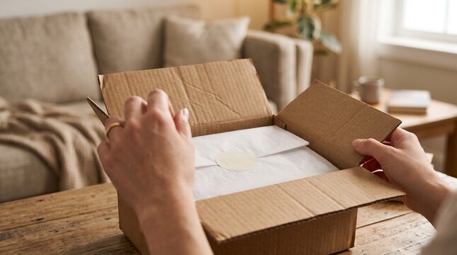 Hands opening a cardboard box filled with white envelopes on a wooden table.