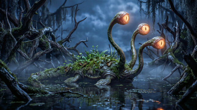 Creepy lake monster creature for halloween horror design web background and fantasy poster