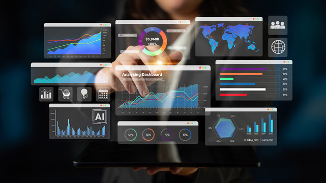 Data dashboards with graphs, charts, maps, and metrics representing global sales analysis and business performance Parse