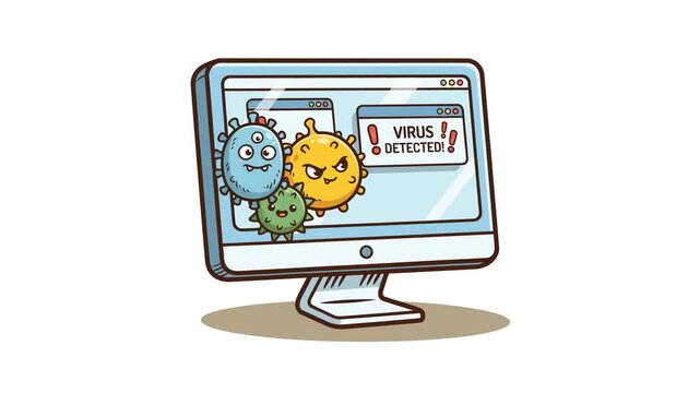 Animation motion graphic of a computer monitor illustration with virus detected alert message and cartoon malware characters on screen