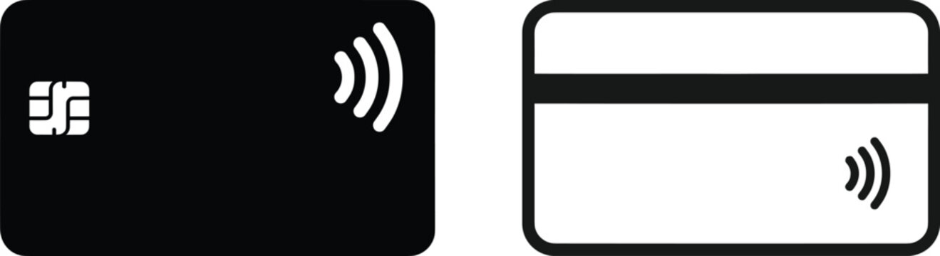 Black and white credit card with contactless payment symbol and smart chip isolated on background finance