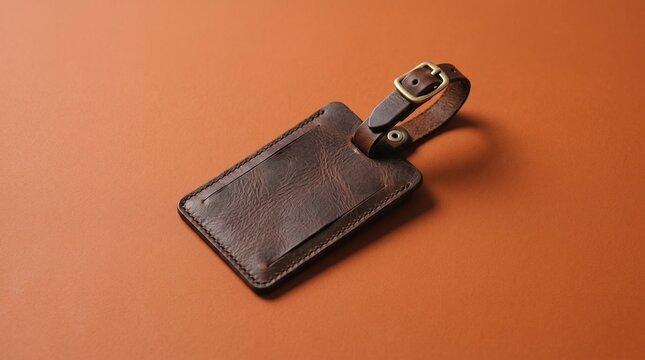 Premium brown leather luggage tag holder for travel and baggage identification on orange background