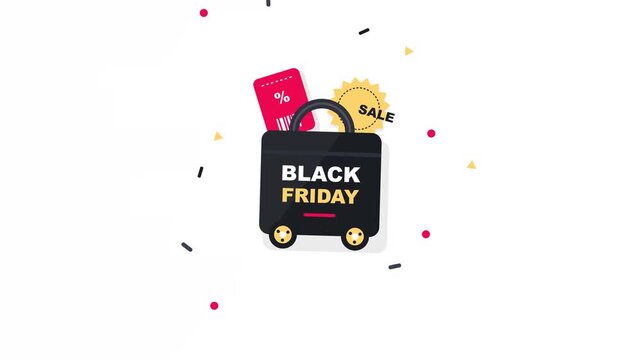 Black Friday shopping promotional event animation with a stylized travel suitcase icon featuring percentage discount tags and sale typography