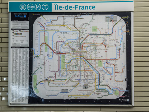 PARIS, FRANCE - SEPTEMBER 1, 2026 - Paris Ile de France metro and RER map displaying public transport routes