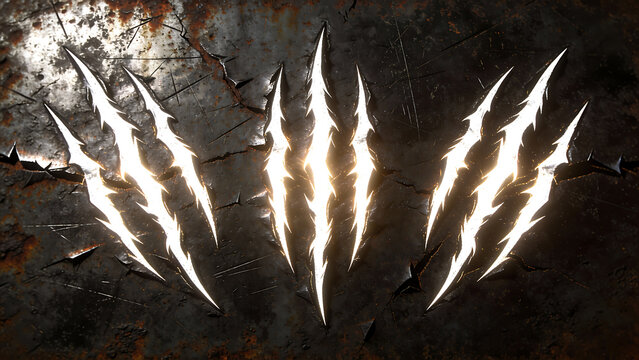 Glowing white claw marks torn through rusted metal surface with sharp jagged edges and metallic sheen