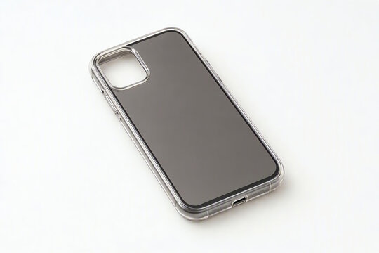 A sleek transparent protective case for a modern smartphone isolated on a plain white studio background