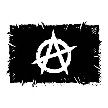 Distressed anarchy symbol flag vector illustration with tattered edges, grunge texture, and black hand-drawn style isolated on white background