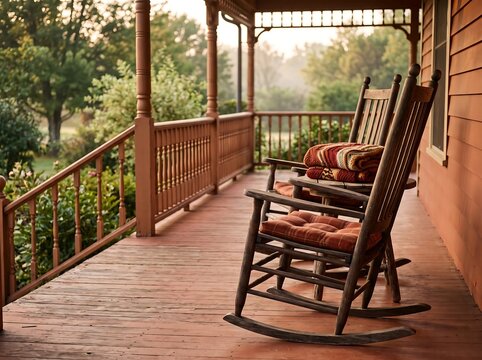 Cozy Wooden Porch with Rocking Chairs and Cushions Overlooking a Lush Garden in Warm Natural Light