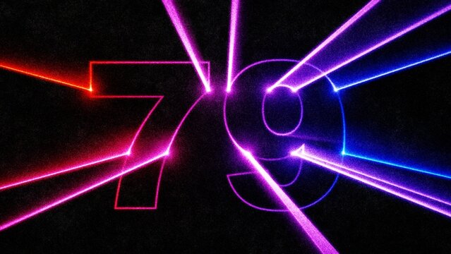 Neon laser number 79 with glowing light beams on dark background