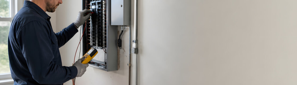 Electrician working on circuit breaker panel, using multimeter for testing electrical connections, focused on safety and precision