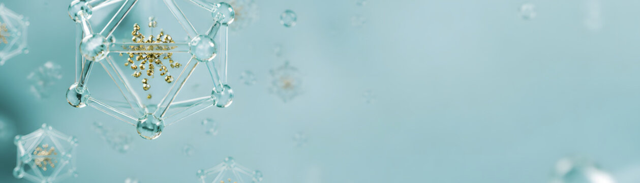 Transparent molecular structures with golden particles create captivating visual on soft blue background, evoking sense of scientific wonder