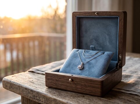 Elegant Pendant Necklace Displayed in Open Wooden Jewelry Box with Blue Velvet Interior and Warm Sunset Light
